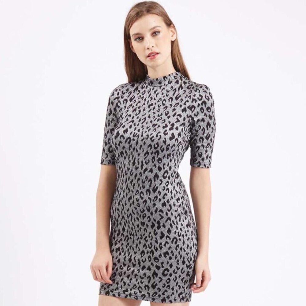 TOPSHOP Silver Metallic Leopard Print Bodycon Dress